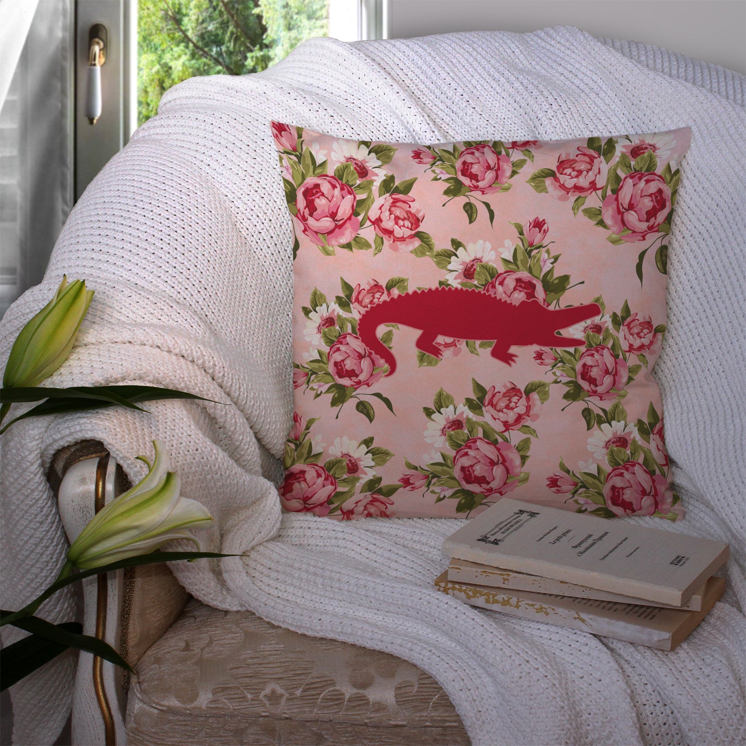 Alligator Shabby Chic Pink Roses  Fabric Decorative Pillow BB1120-RS-PK-PW1414 - the-store.com