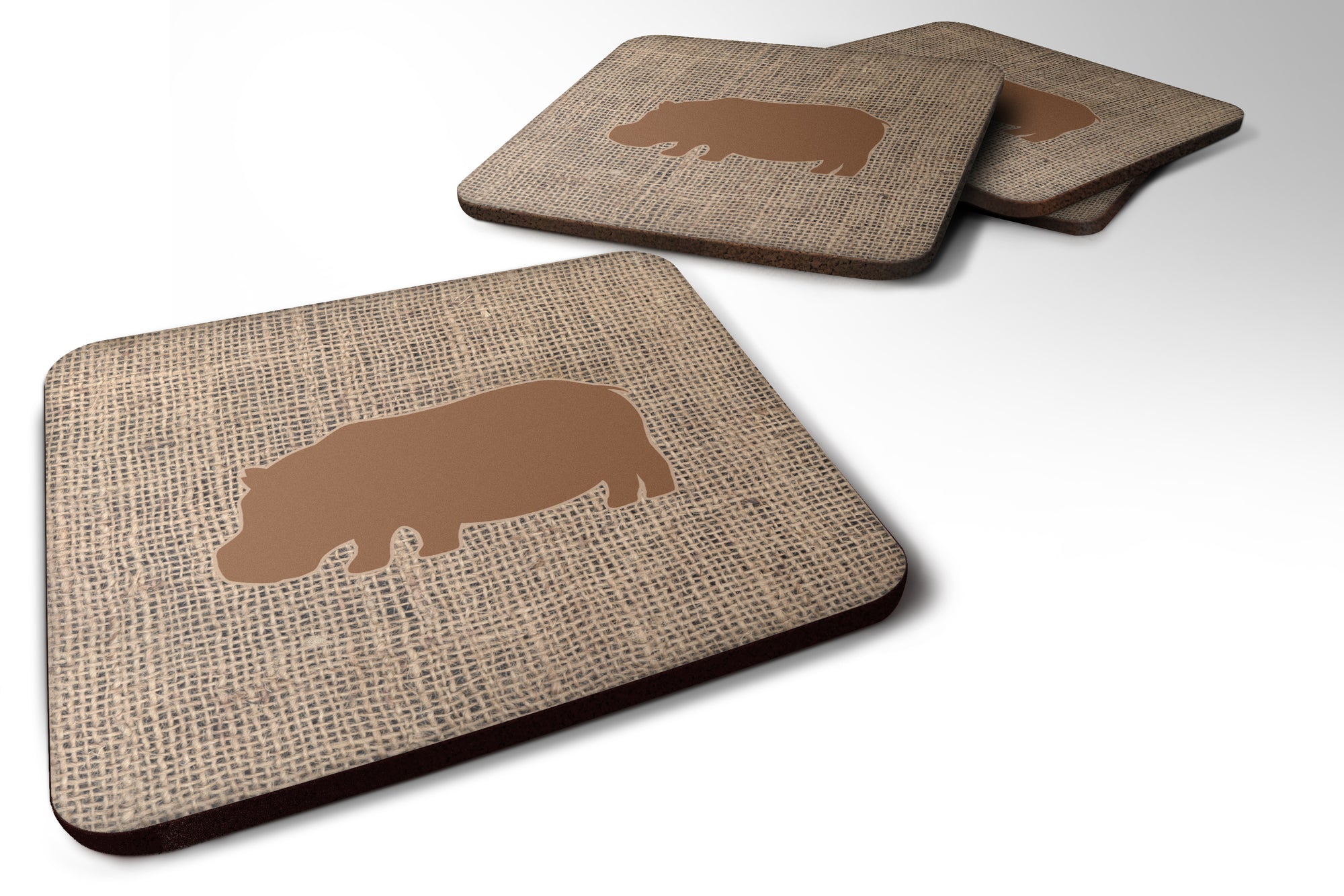 Set of 4 Hippopotamus Burlap and Brown Foam Coasters - the-store.com