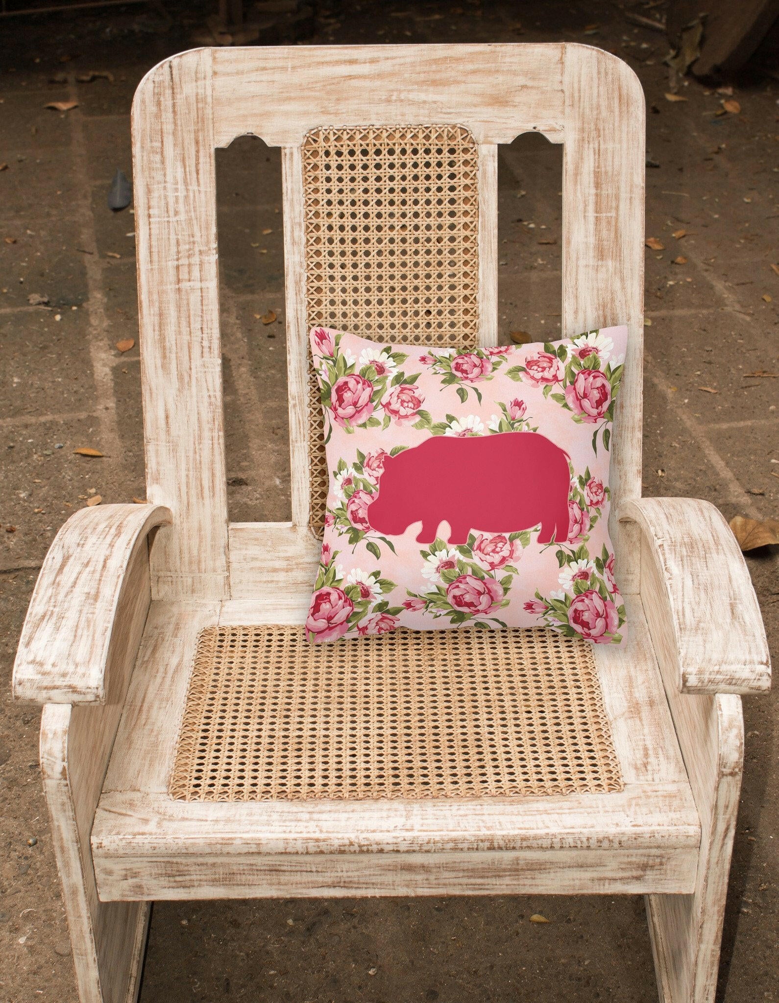 Hippopotamus Shabby Chic Pink Roses  Fabric Decorative Pillow BB1130-RS-PK-PW1414 - the-store.com