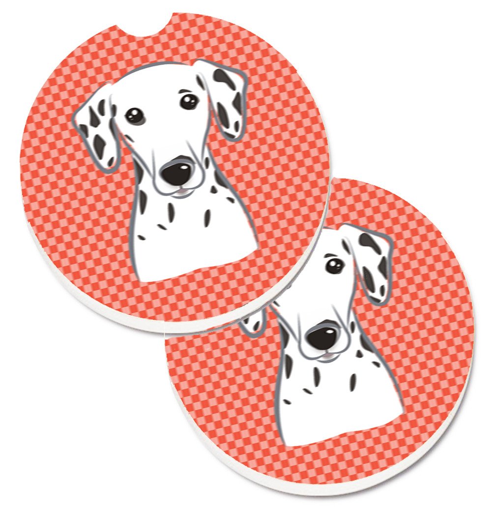 Red Checkered Dalmatian Set of 2 Cup Holder Car Coasters BB1131CARC by Caroline&#39;s Treasures