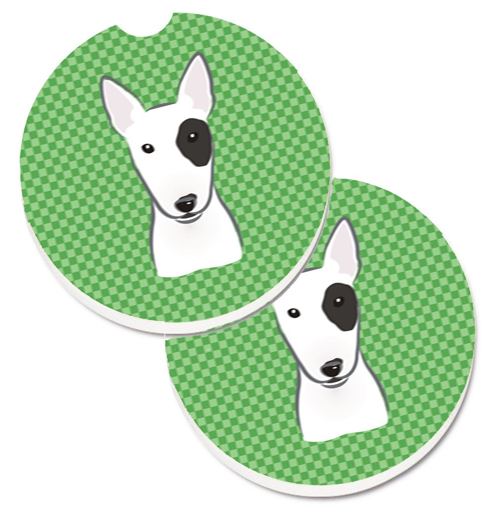 Green Checkered Bull Terrier Set of 2 Cup Holder Car Coasters BB1132CARC by Caroline&#39;s Treasures