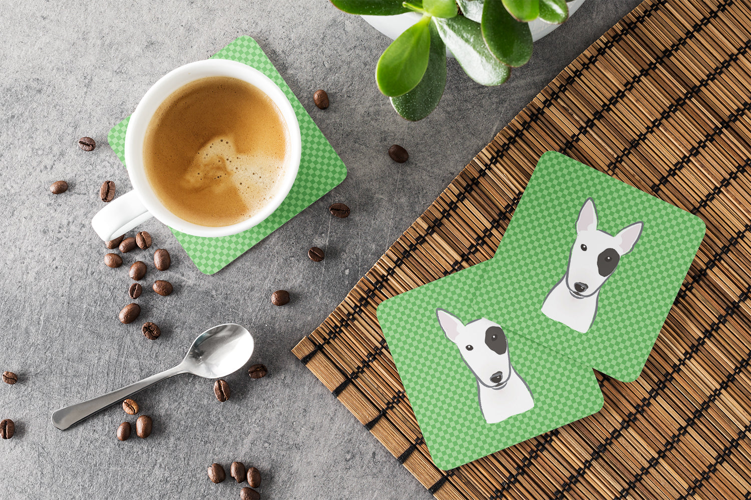 Caroline's Treasures Green Checkered Bull Terrier Coasters - Set of 4 Lightweight Foam, Absorbent Drink CoastersBB1132FC