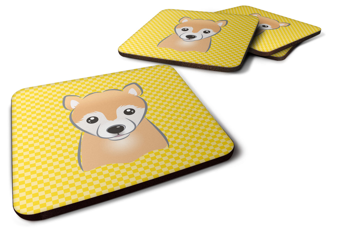 Set of 4 Yellow Checkered Shiba Inu Foam Coasters BB1133FC - the-store.com