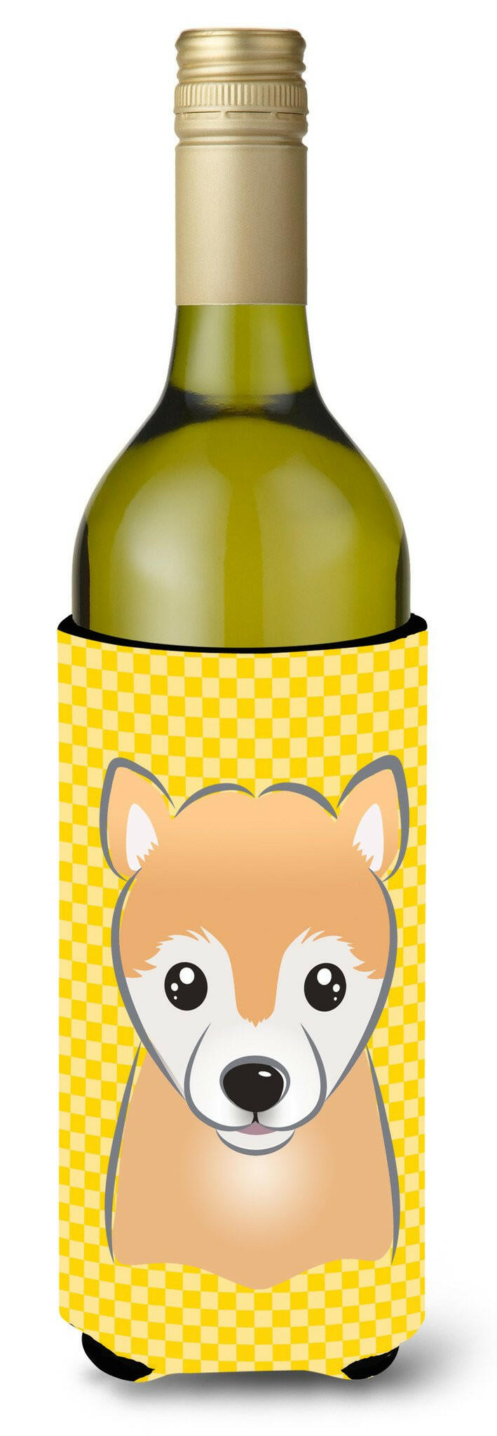 Yellow Checkered Shiba Inu Wine Bottle Beverage Insulator Hugger BB1133LITERK by Caroline&#39;s Treasures
