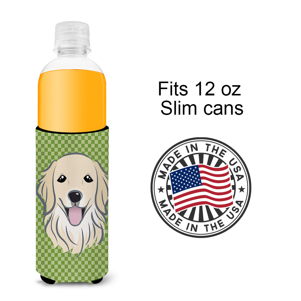Green Checkered Golden Retriever Ultra Beverage Insulators for slim cans BB1137MUK.
