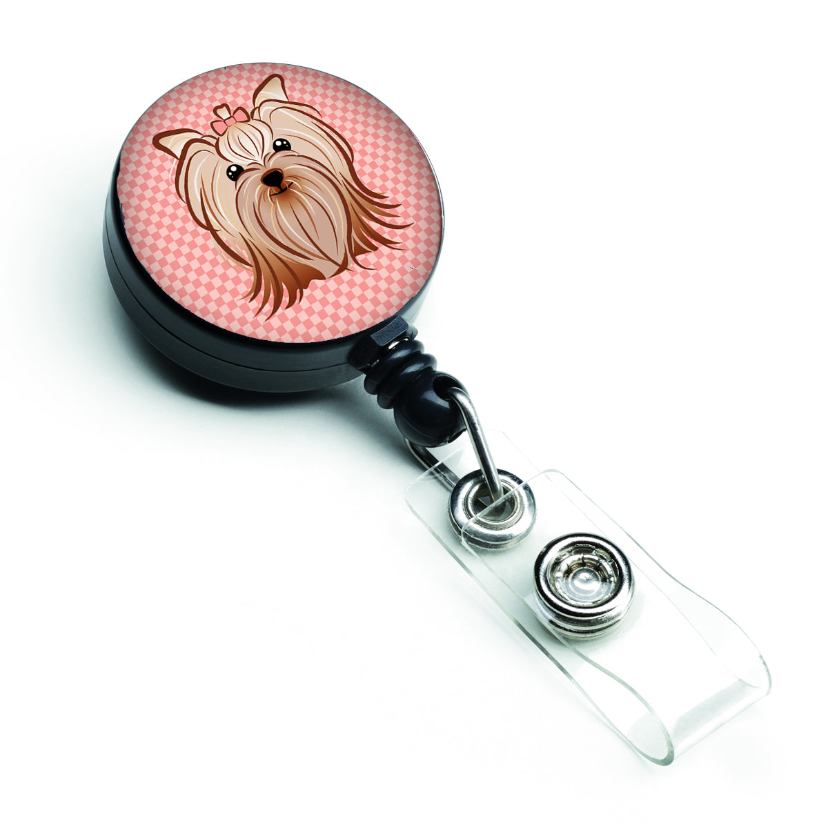 Pink Checkered Yorkie / Yorkshire Terrier Retractable Badge Reel BB1138BR.