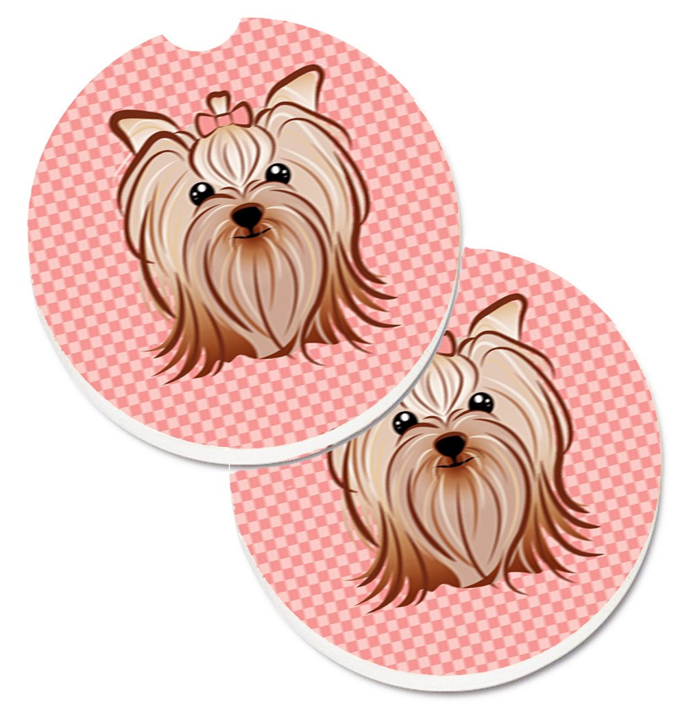 Pink Checkered Yorkie / Yorkshire Terrier Set of 2 Cup Holder Car Coasters BB1138CARC by Caroline&#39;s Treasures