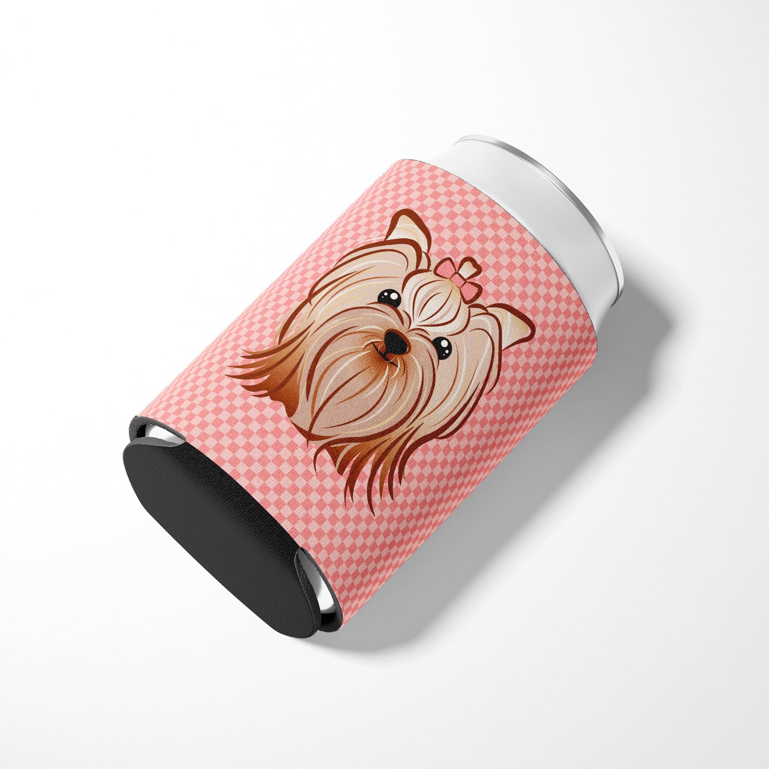 Pink Checkered Yorkie / Yorkshire Terrier Can or Bottle Hugger BB1138CC.