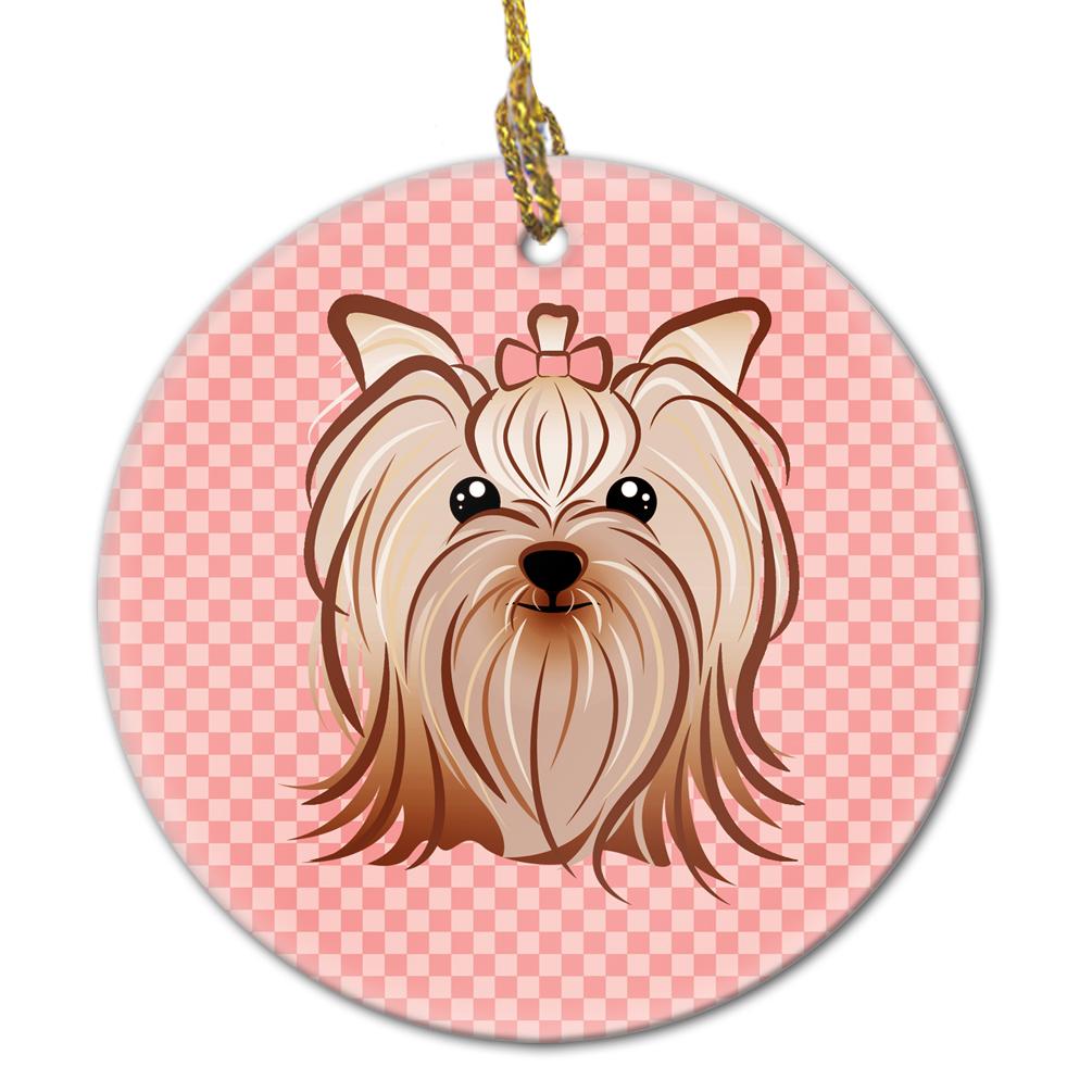 Pink Checkered Yorkie / Yorkshire Terrier Ceramic Ornament BB1138CO1 by Caroline&#39;s Treasures