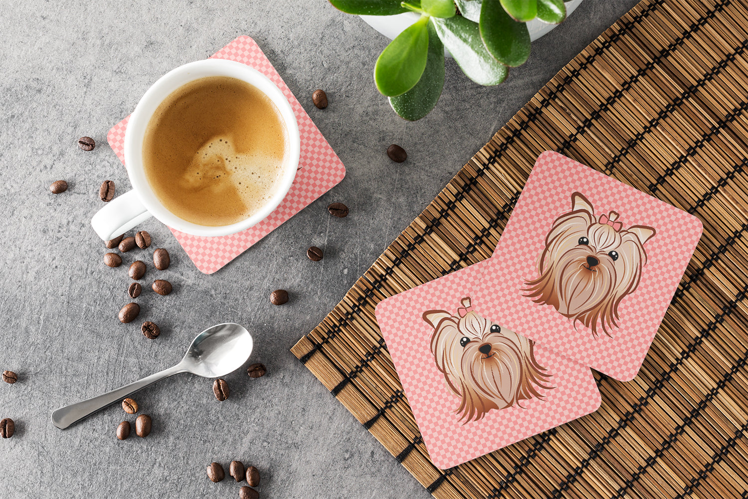 Set of 4 Pink Checkered Yorkie / Yorkshire Terrier Foam Coasters BB1138FC - the-store.com