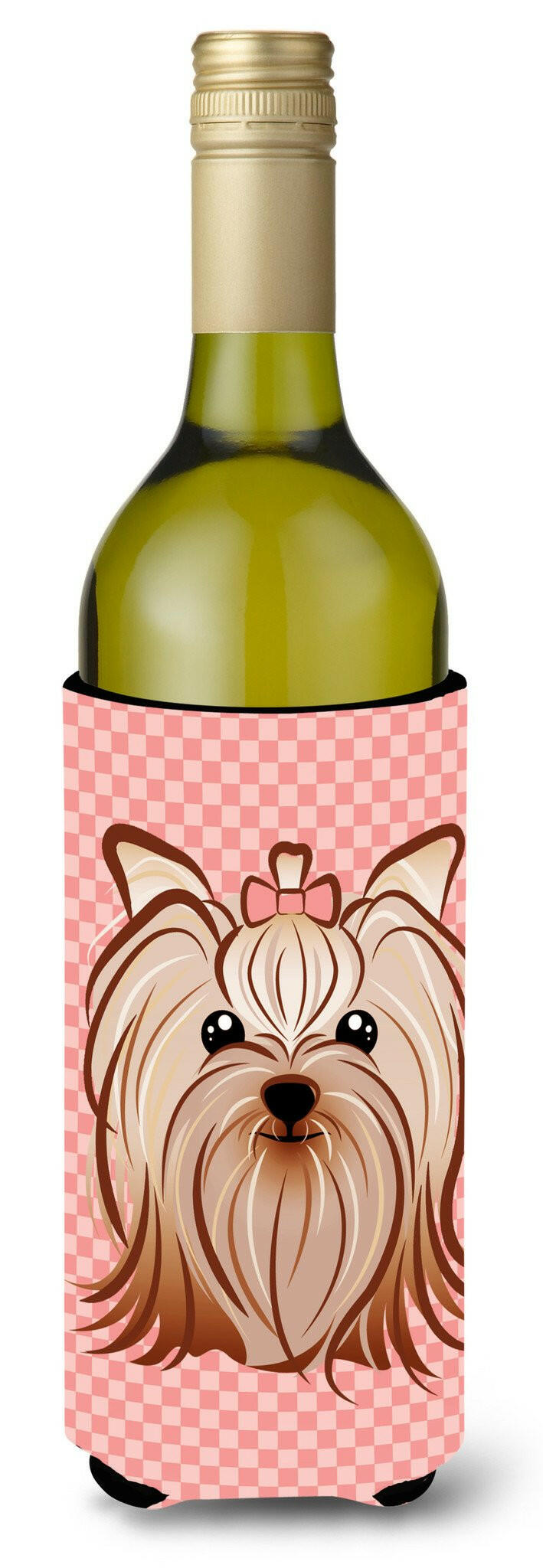 Pink Checkered Yorkie / Yorkshire Terrier Wine Bottle Beverage Insulator Hugger BB1138LITERK by Caroline's Treasures