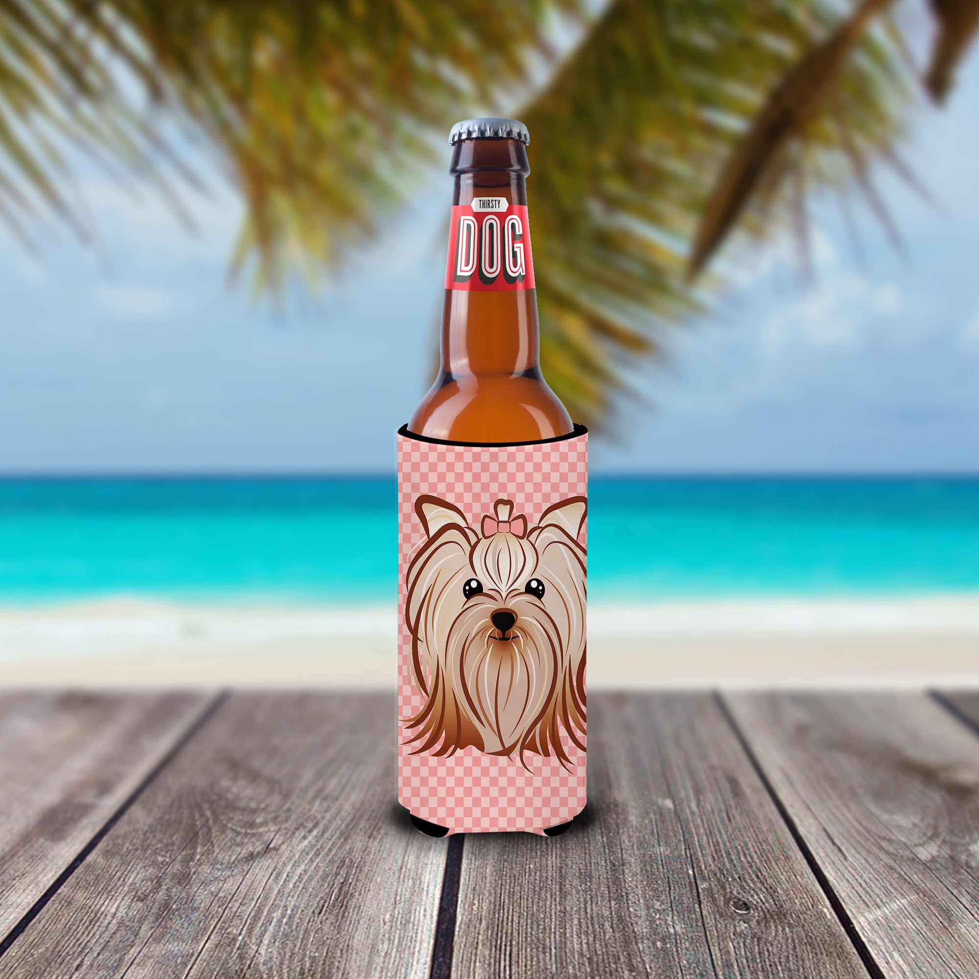 Pink Checkered Yorkie / Yorkshire Terrier Ultra Beverage Insulators for slim cans BB1138MUK