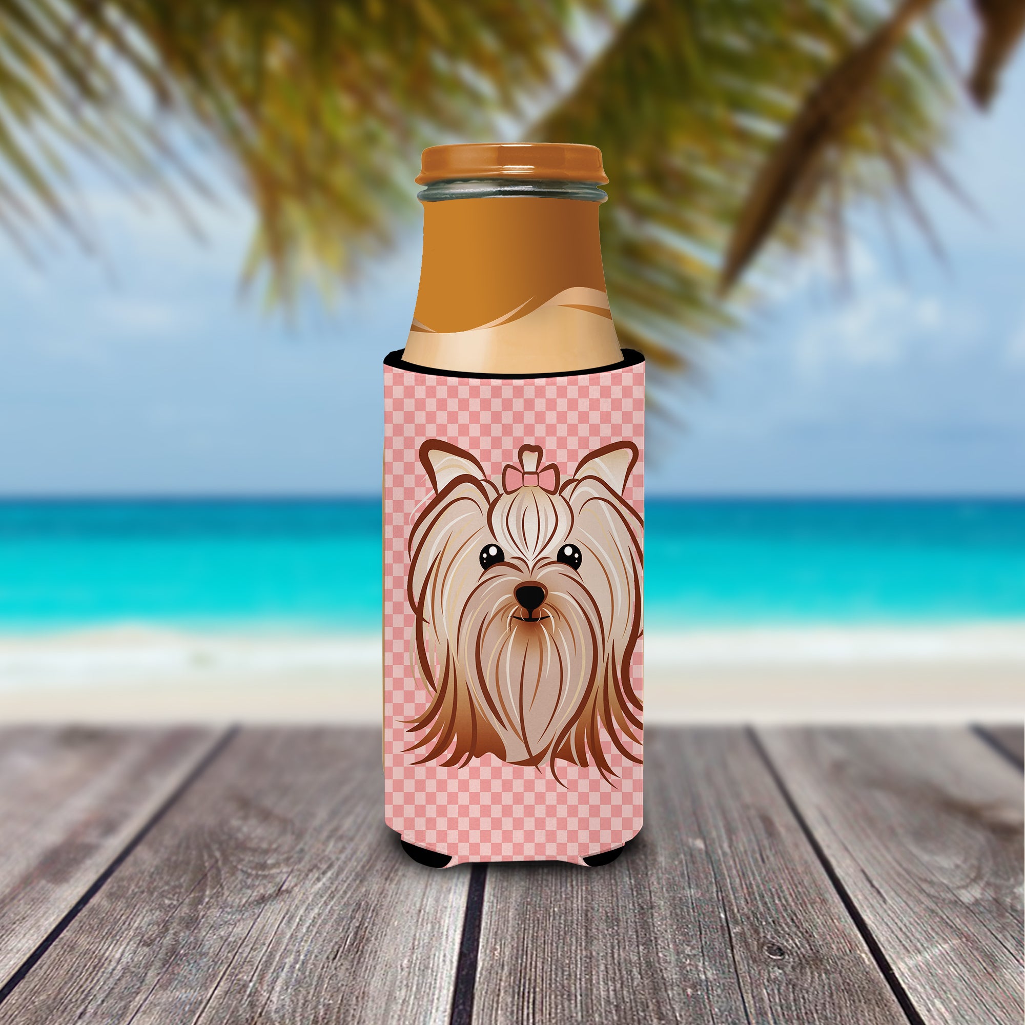Pink Checkered Yorkie / Yorkshire Terrier Ultra Beverage Insulators for slim cans BB1138MUK