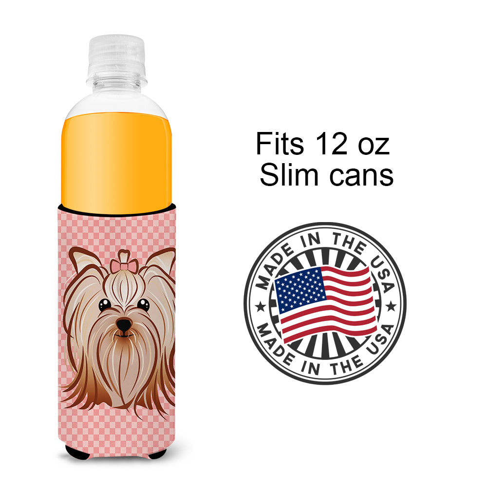 Pink Checkered Yorkie / Yorkshire Terrier Ultra Beverage Insulators for slim cans BB1138MUK.