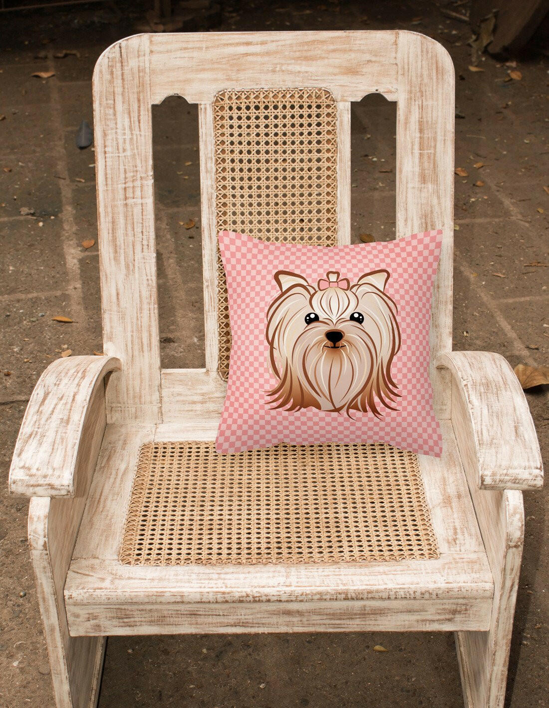 Pink Checkered Yorkie / Yorkshire Terrier   Canvas Fabric Decorative Pillow BB1138PW1414 - the-store.com