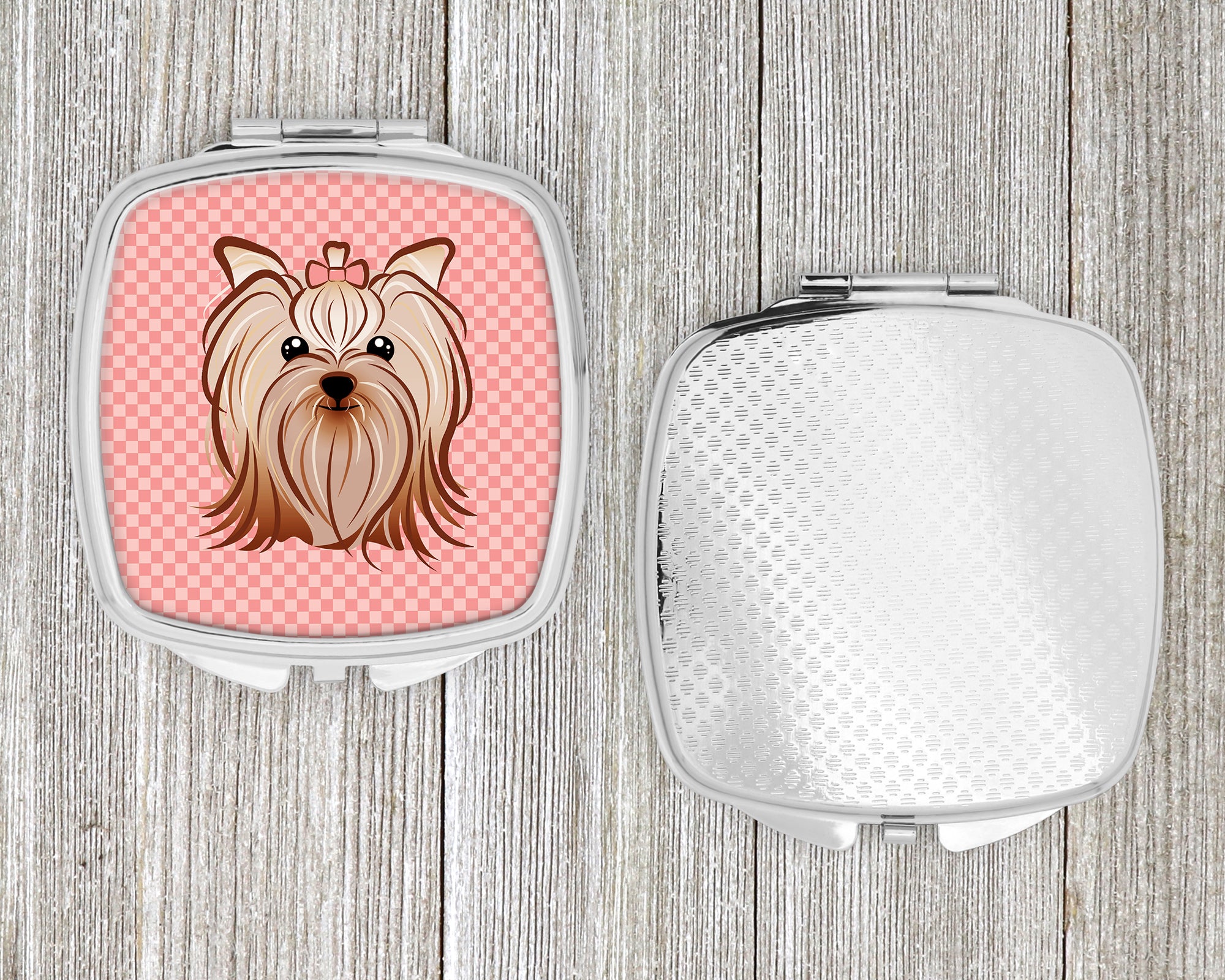 Pink Checkered Yorkie / Yorkshire Terrier Compact Mirror BB1138SCM  the-store.com.