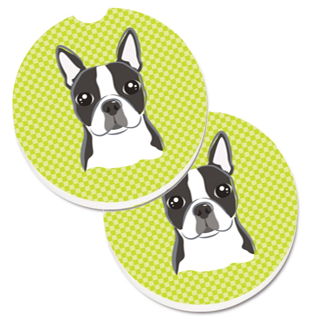 Lime Checkered Boston Terrier Set of 2 Cup Holder Car Coasters BB1139CARC by Caroline&#39;s Treasures