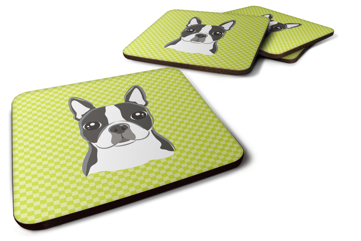 Set of 4 Lime Checkered Boston Terrier Foam Coasters BB1139FC - the-store.com
