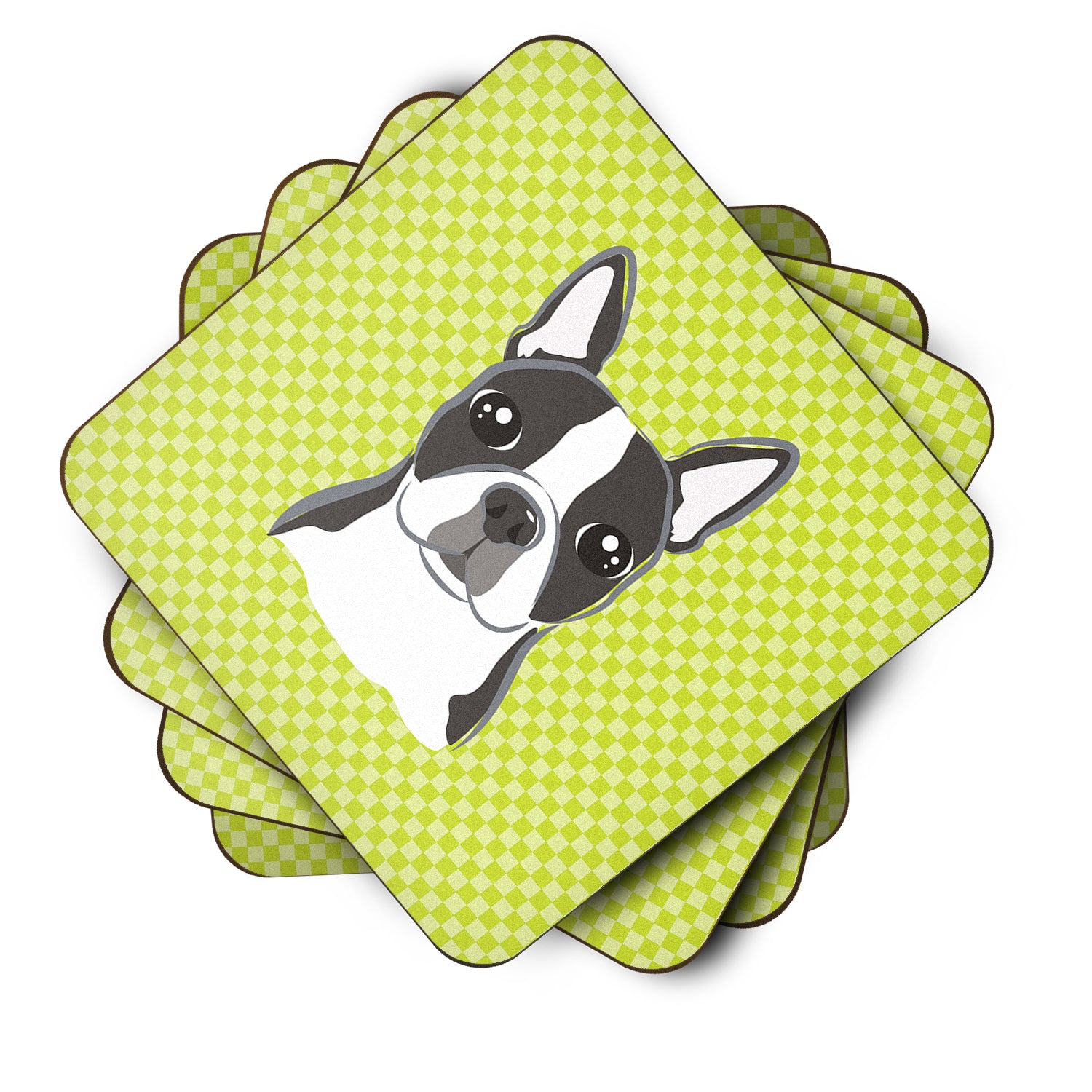 Set of 4 Lime Checkered Boston Terrier Foam Coasters BB1139FC - the-store.com