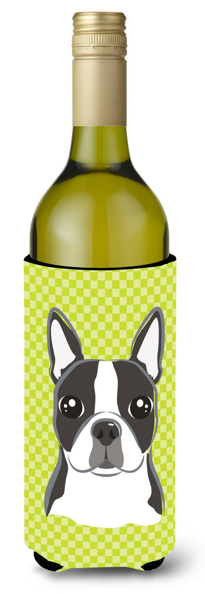 Lime Checkered Boston Terrier Wine Bottle Beverage Insulator Hugger BB1139LITERK by Caroline&#39;s Treasures