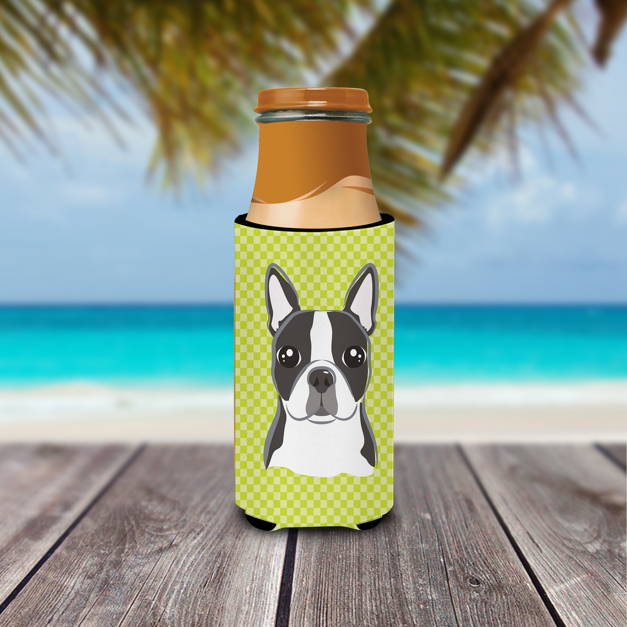 Lime Checkered Boston Terrier Ultra Beverage Insulators for slim cans BB1139MUK.