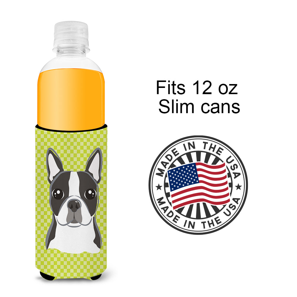 Lime Checkered Boston Terrier Ultra Beverage Insulators for slim cans BB1139MUK.