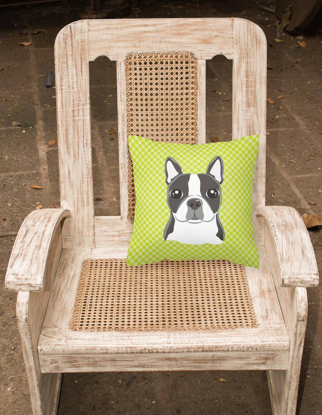 Lime Checkered Boston Terrier   Canvas Fabric Decorative Pillow BB1139PW1414 - the-store.com