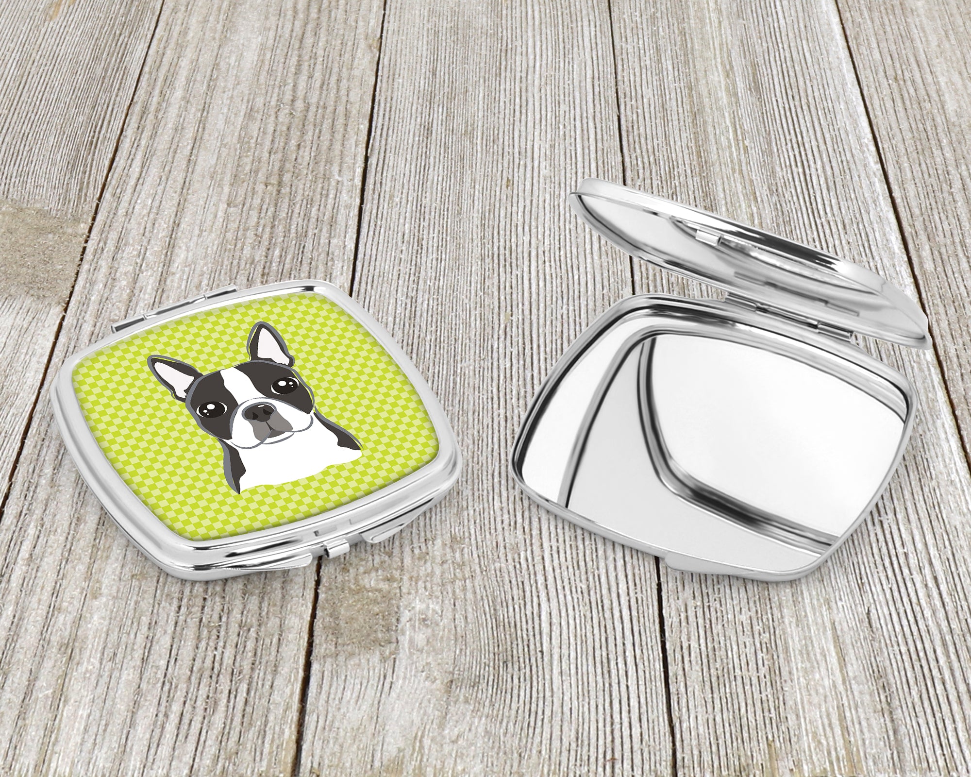 Lime Checkered Boston Terrier Compact Mirror BB1139SCM  the-store.com.