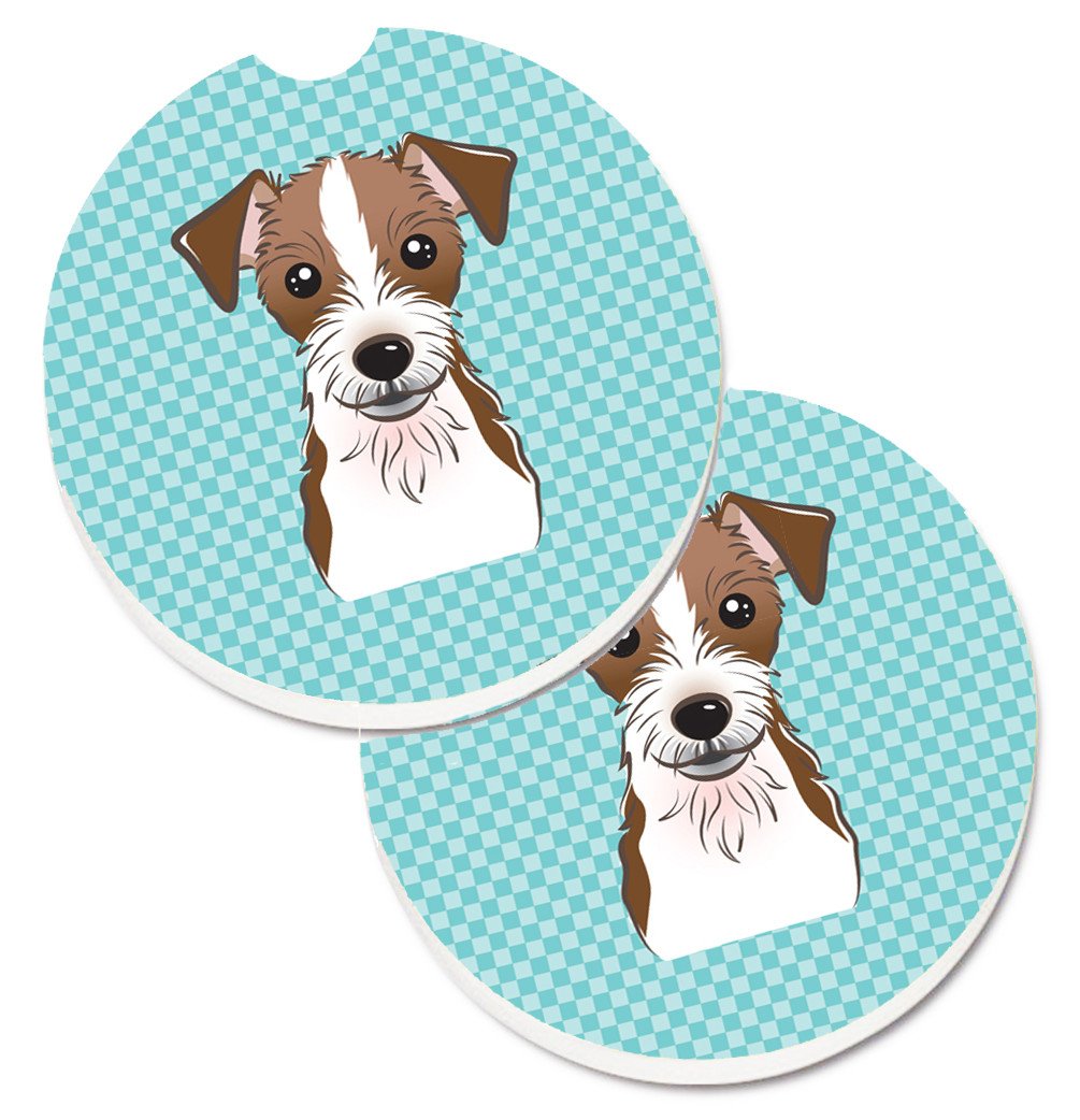 Checkerboard Blue Jack Russell Terrier Set of 2 Cup Holder Car Coasters BB1140CARC by Caroline&#39;s Treasures