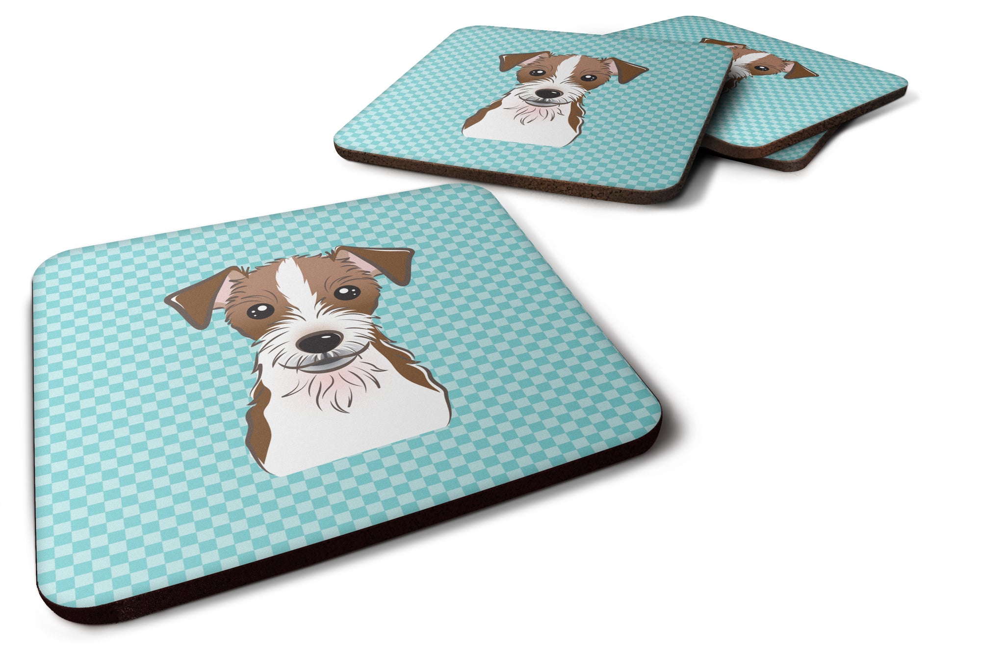 Set of 4 Checkerboard Blue Jack Russell Terrier Foam Coasters BB1140FC - the-store.com