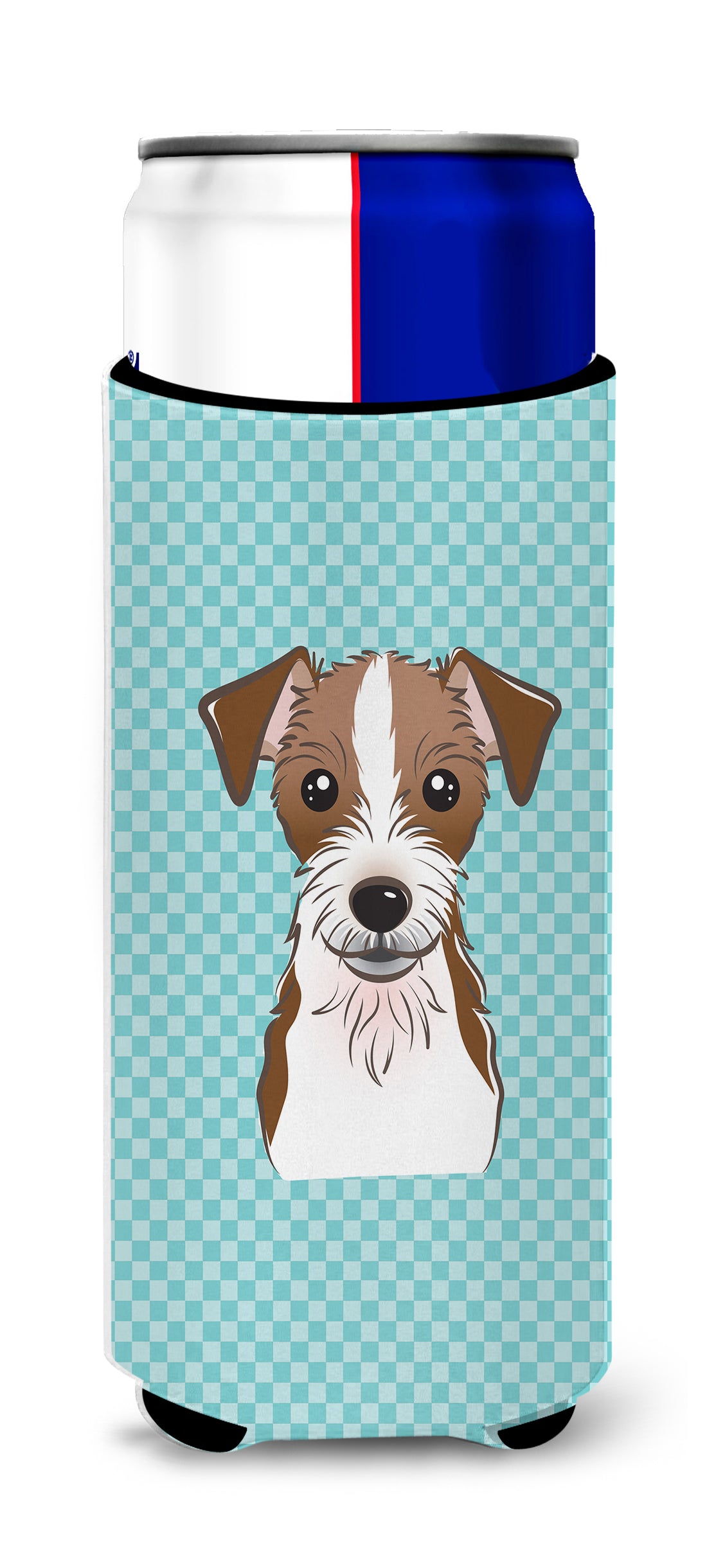 Checkerboard Blue Jack Russell Terrier Ultra Beverage Insulators for slim cans