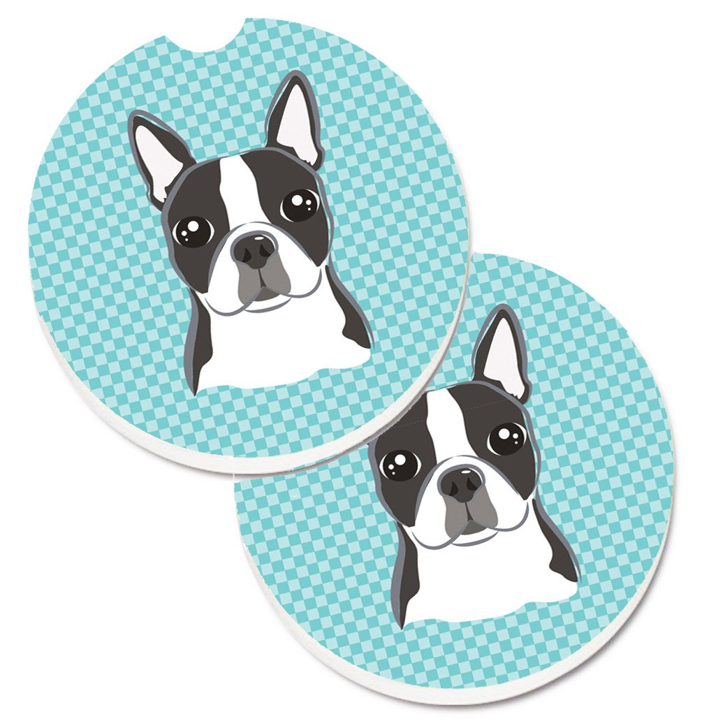 Checkerboard Blue Boston Terrier Set of 2 Cup Holder Car Coasters BB1141CARC by Caroline&#39;s Treasures
