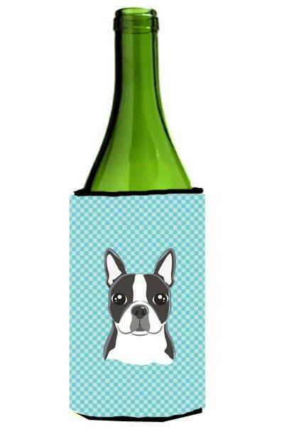 Checkerboard Blue Boston Terrier Wine Bottle Beverage Insulator Hugger BB1141LITERK by Caroline&#39;s Treasures