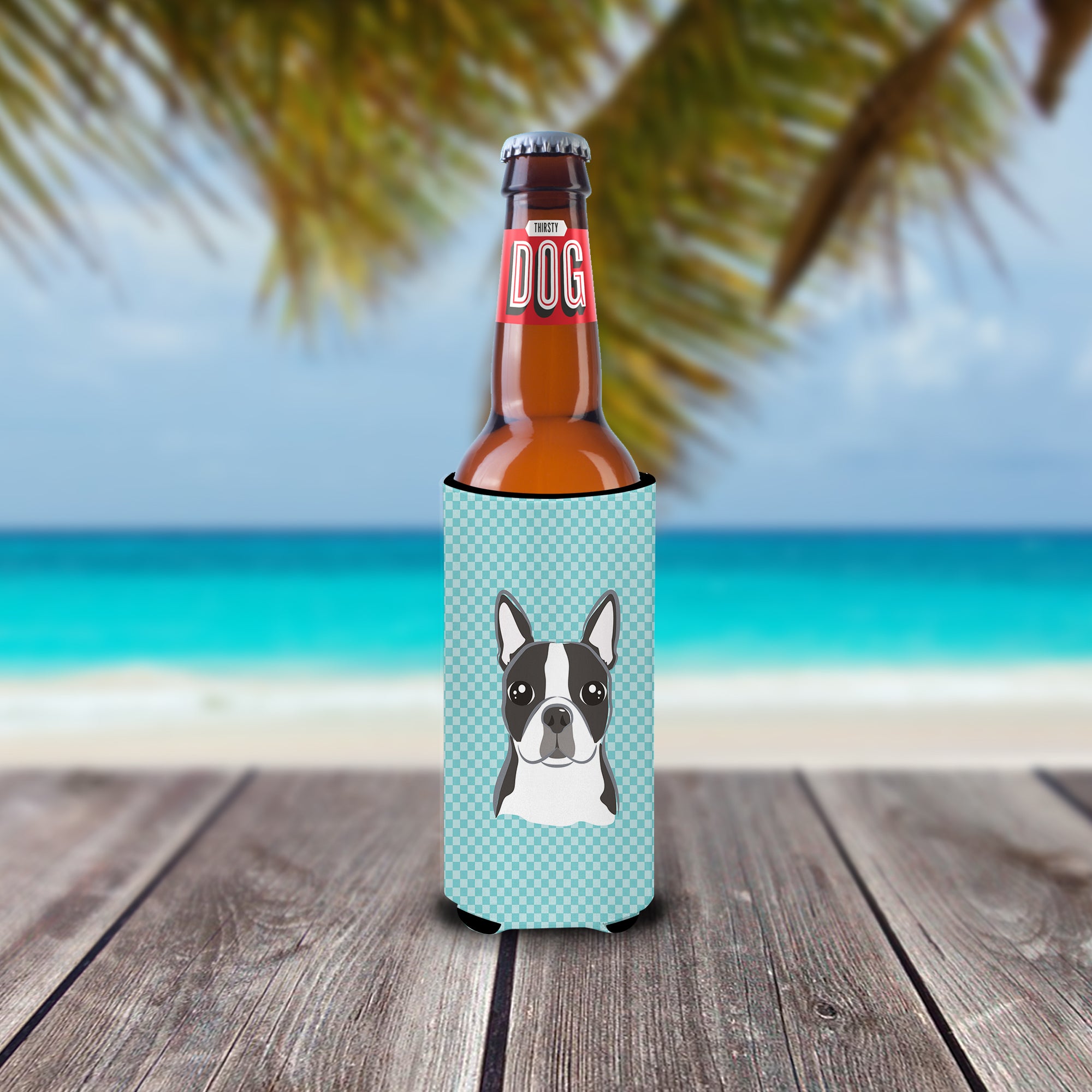 Checkerboard Blue Boston Terrier Ultra Beverage Insulators for slim cans BB1141MUK