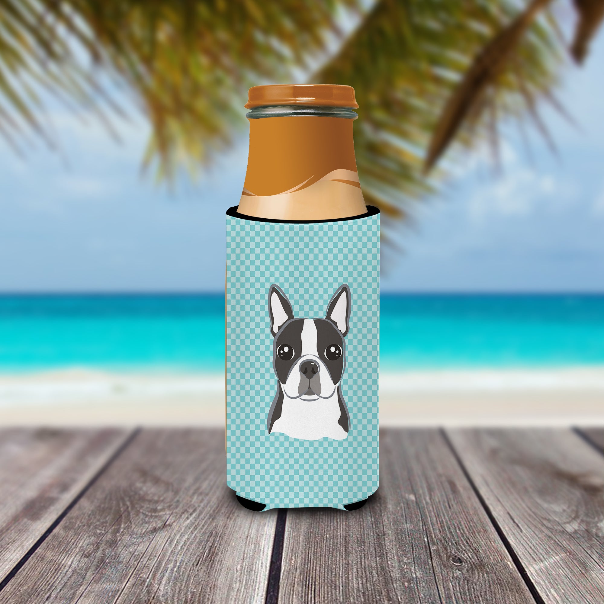 Checkerboard Blue Boston Terrier Ultra Beverage Insulators for slim cans BB1141MUK.