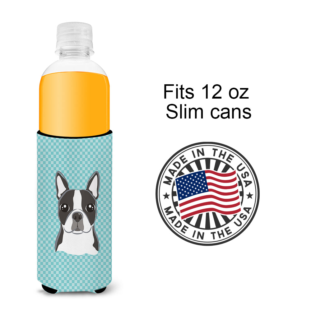 Checkerboard Blue Boston Terrier Ultra Beverage Insulators for slim cans BB1141MUK