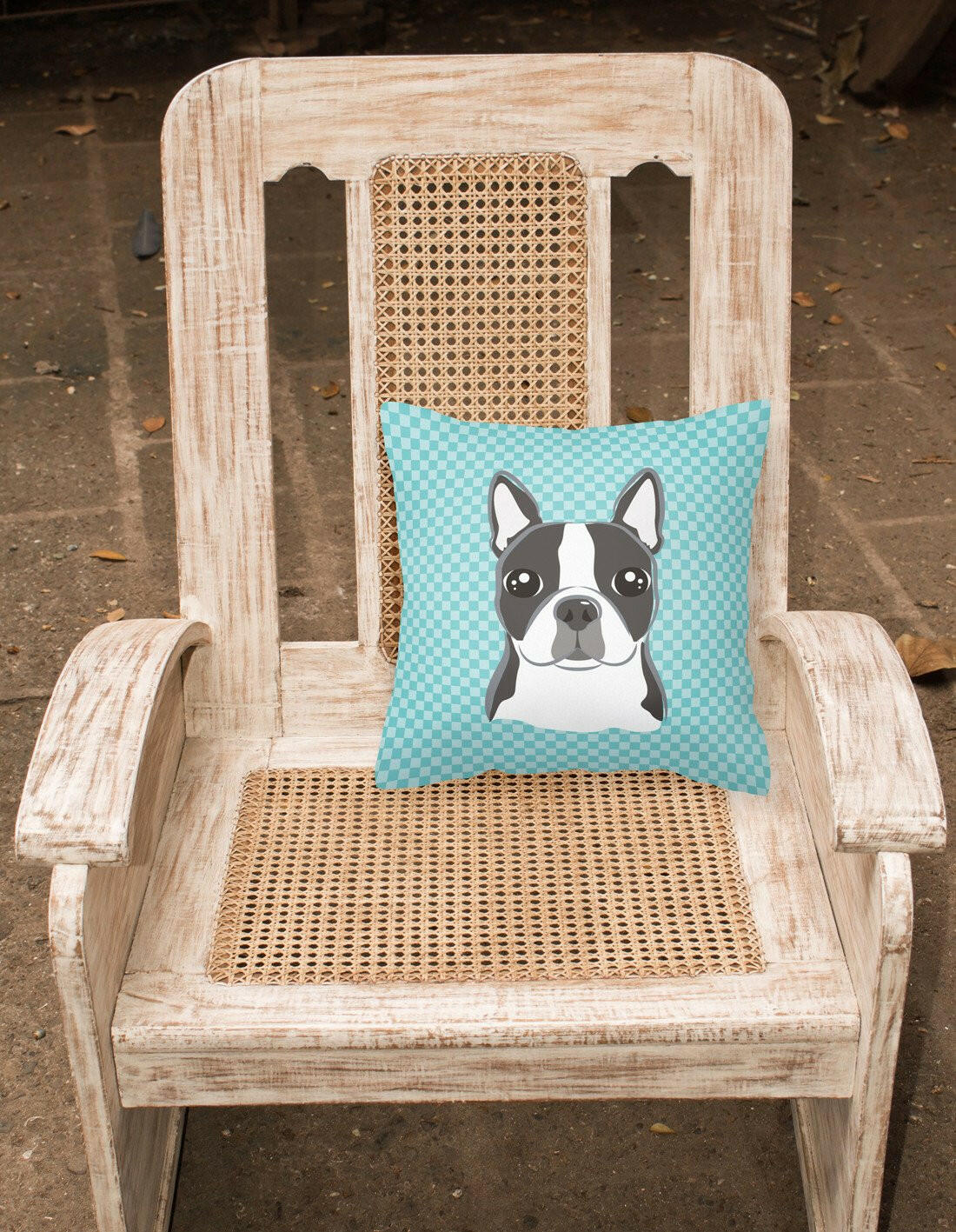 Checkerboard Blue Boston Terrier Canvas Fabric Decorative Pillow BB1141PW1414 - the-store.com