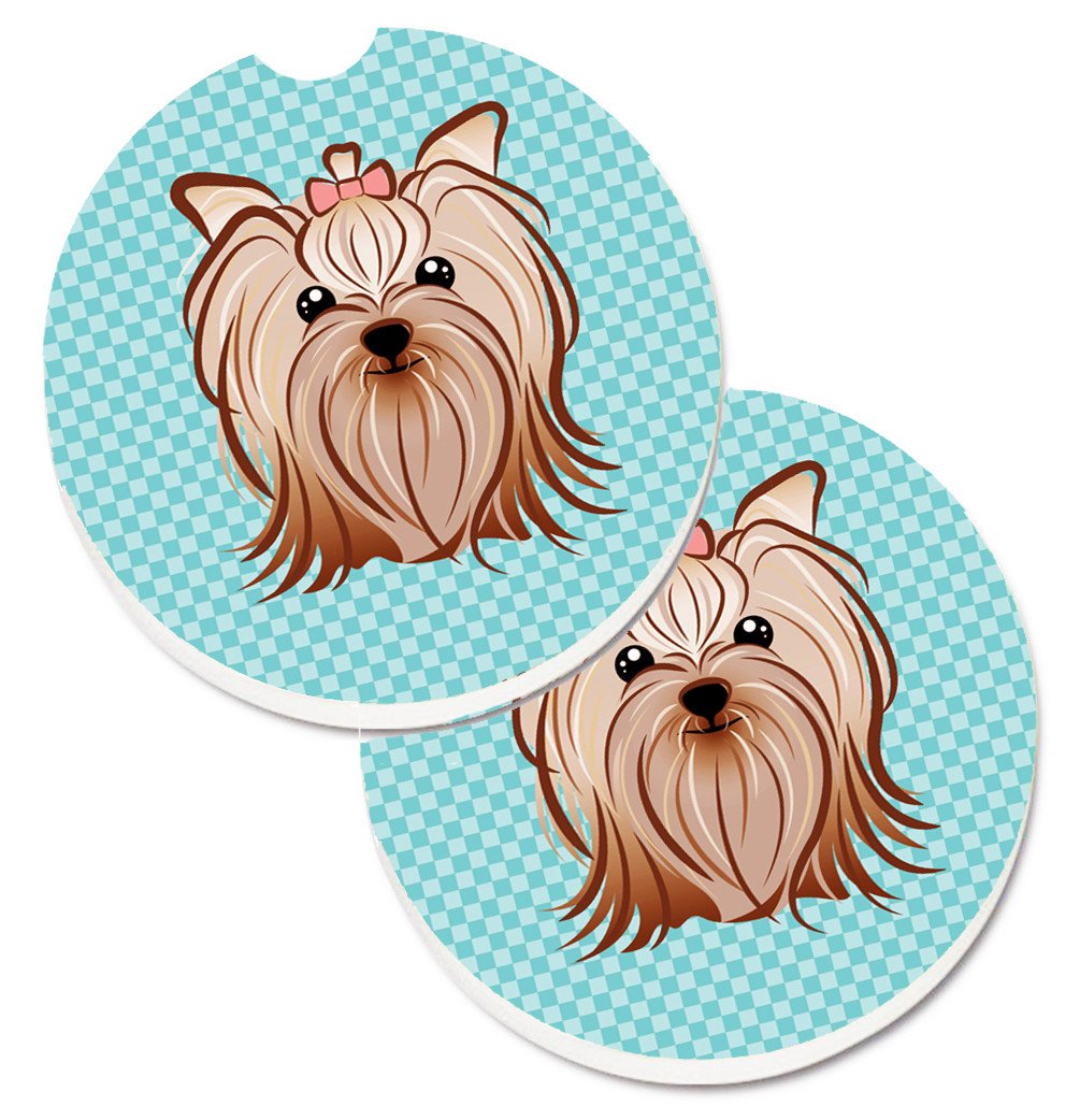 Checkerboard Blue Yorkie Yorkishire Terrier Set of 2 Cup Holder Car Coasters BB1142CARC by Caroline&#39;s Treasures