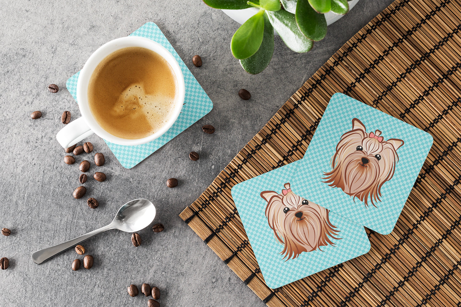 Set of 4 Checkerboard Blue Yorkie Yorkshire Terrier Foam Coasters BB1142FC - the-store.com