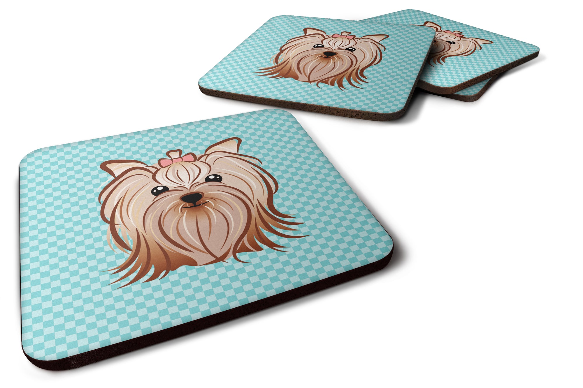 Set of 4 Checkerboard Blue Yorkie Yorkshire Terrier Foam Coasters BB1142FC - the-store.com