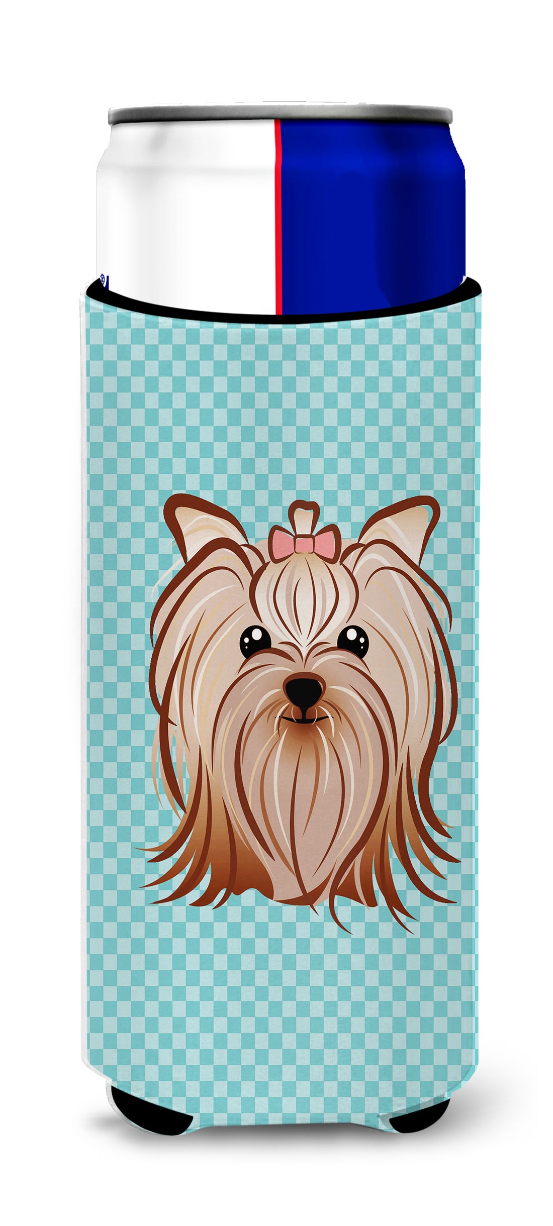 Checkerboard Blue Yorkie Yorkshire Terrier Ultra Beverage Insulators for slim cans.