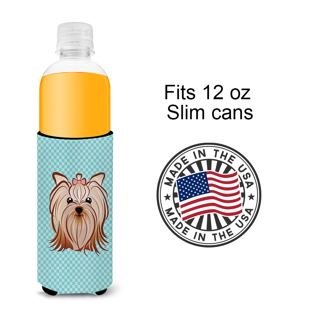 Checkerboard Blue Yorkie Yorkshire Terrier Ultra Beverage Insulators for slim cans