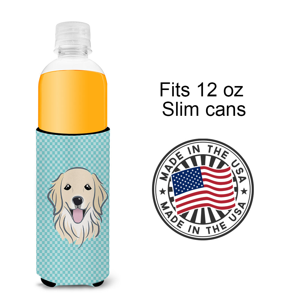 Checkerboard Blue Golden Retriever Ultra Beverage Insulators for slim cans.