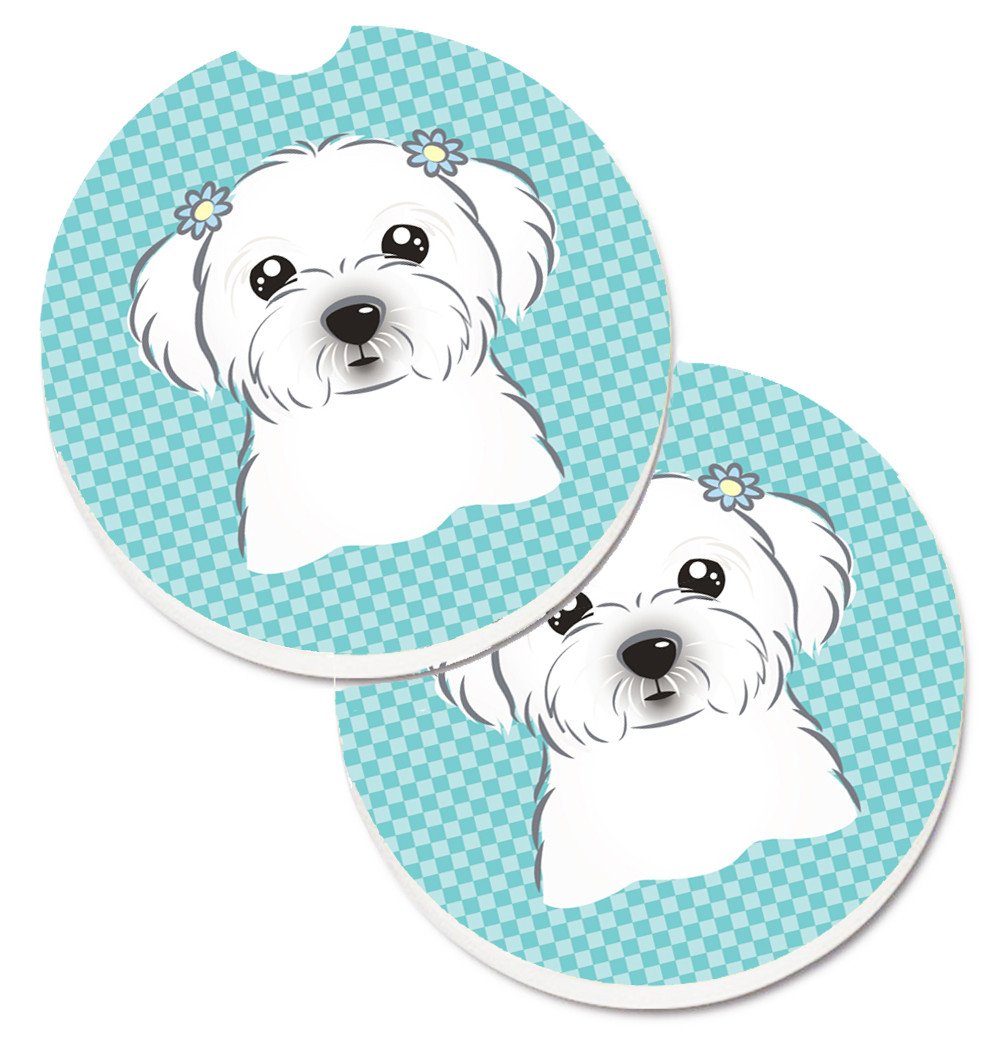 Checkerboard Blue Maltese Set of 2 Cup Holder Car Coasters BB1146CARC by Caroline&#39;s Treasures