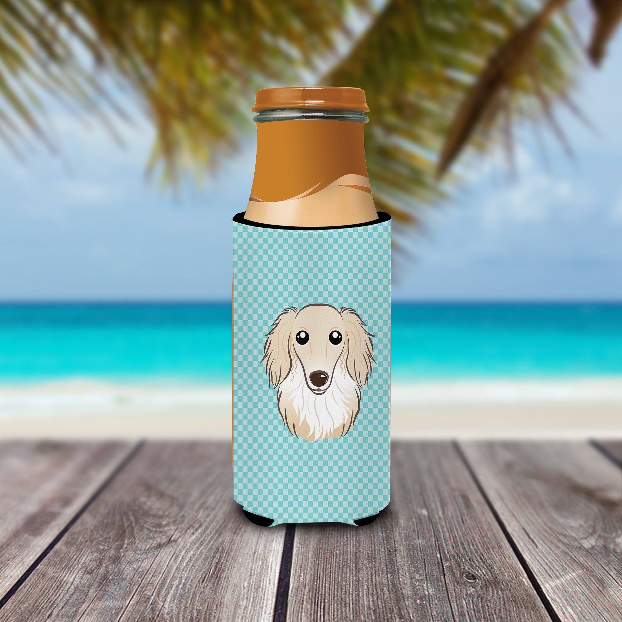 Checkerboard Blue Longhair Creme Dachshund Ultra Beverage Insulators for slim cans.