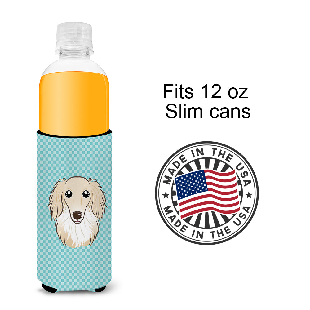 Checkerboard Blue Longhair Creme Dachshund Ultra Beverage Insulators for slim cans.