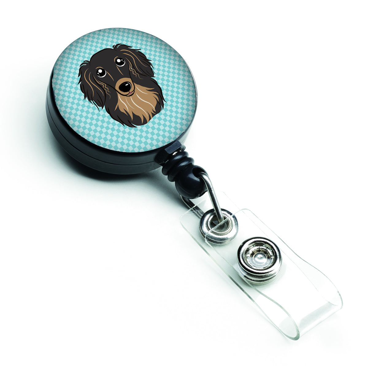 Checkerboard Blue Longhair Black and Tan Dachshund Retractable Badge Reel BB1151BR