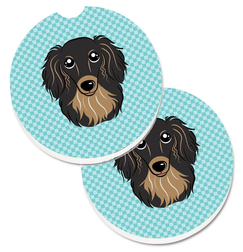 Checkerboard Blue Longhair Black and Tan Dachshund Set of 2 Cup Holder Car Coasters BB1151CARC by Caroline&#39;s Treasures