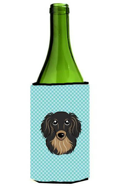 Checkerboard Blue Longhair Black and Tan Dachshund Wine Bottle Beverage Insulator Hugger by Caroline's Treasures