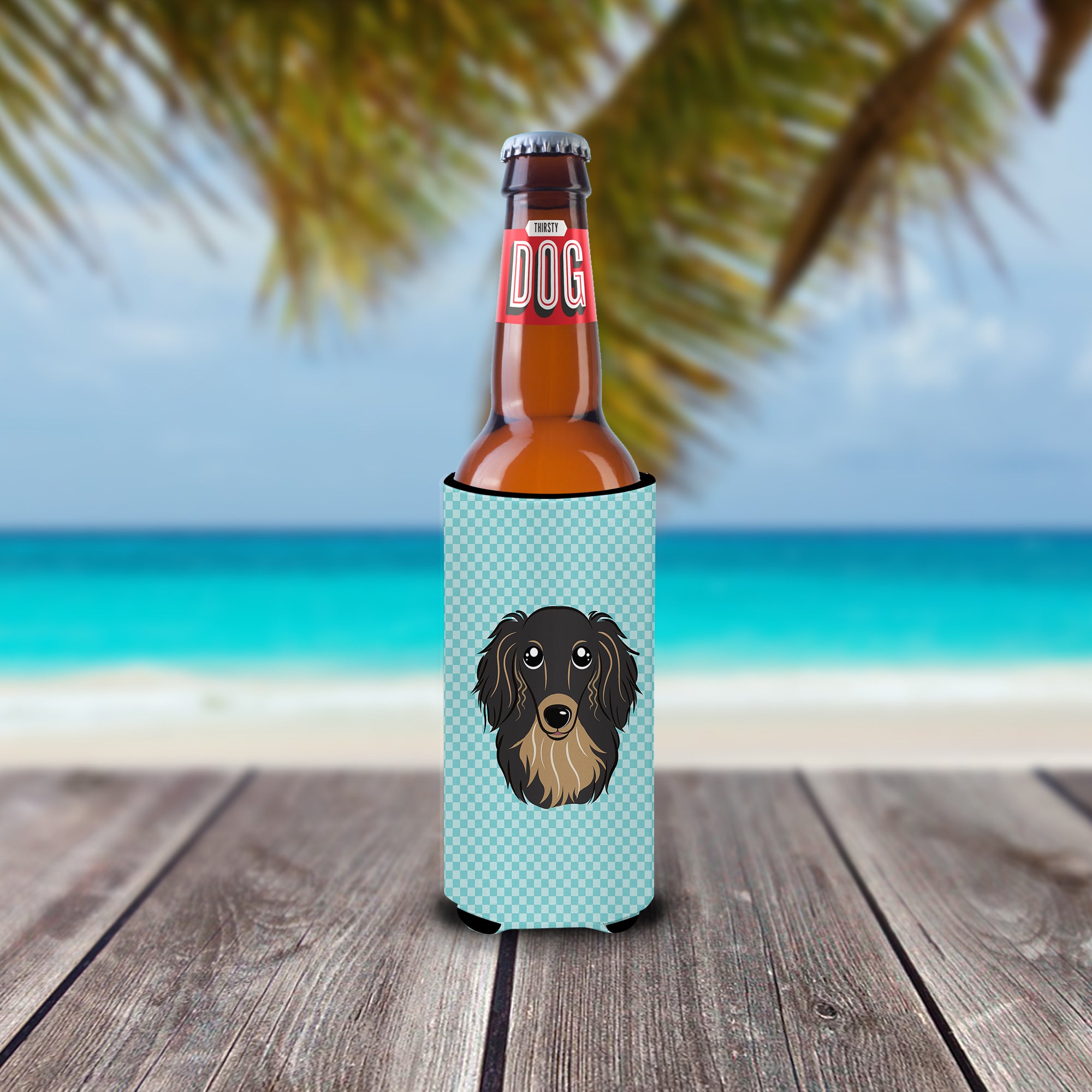 Checkerboard Blue Longhair Dachshund Ultra Beverage Insulators for slim cans.